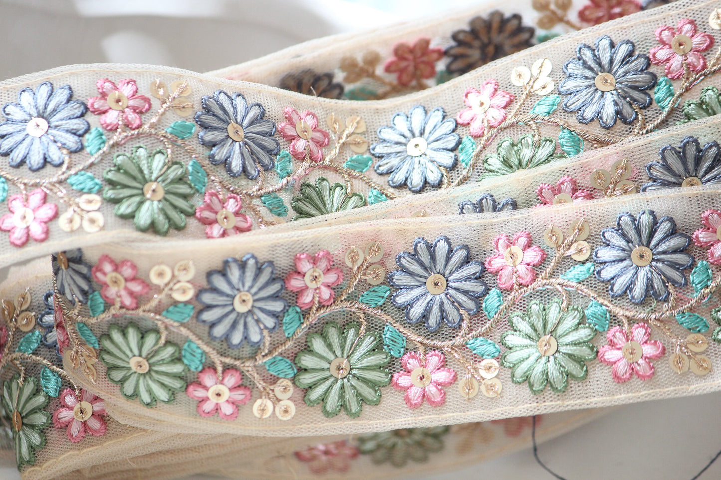 1 yard-Blue green daisy flower thread embroidery mesh nude ribbon-rose pink, blue, green, aqua-sequin highlights, decorative ribbon
