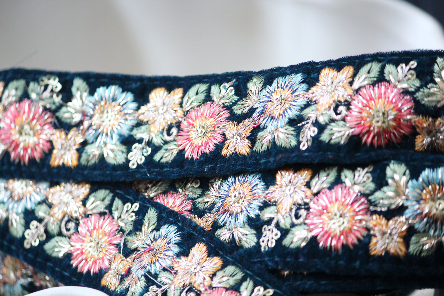 1 yard-Black velvet floral thread embroidery ribbon-Blue, Fuchsia, Orange, green and gold florals-ribbons bow-bouquet trim-sequin highlights