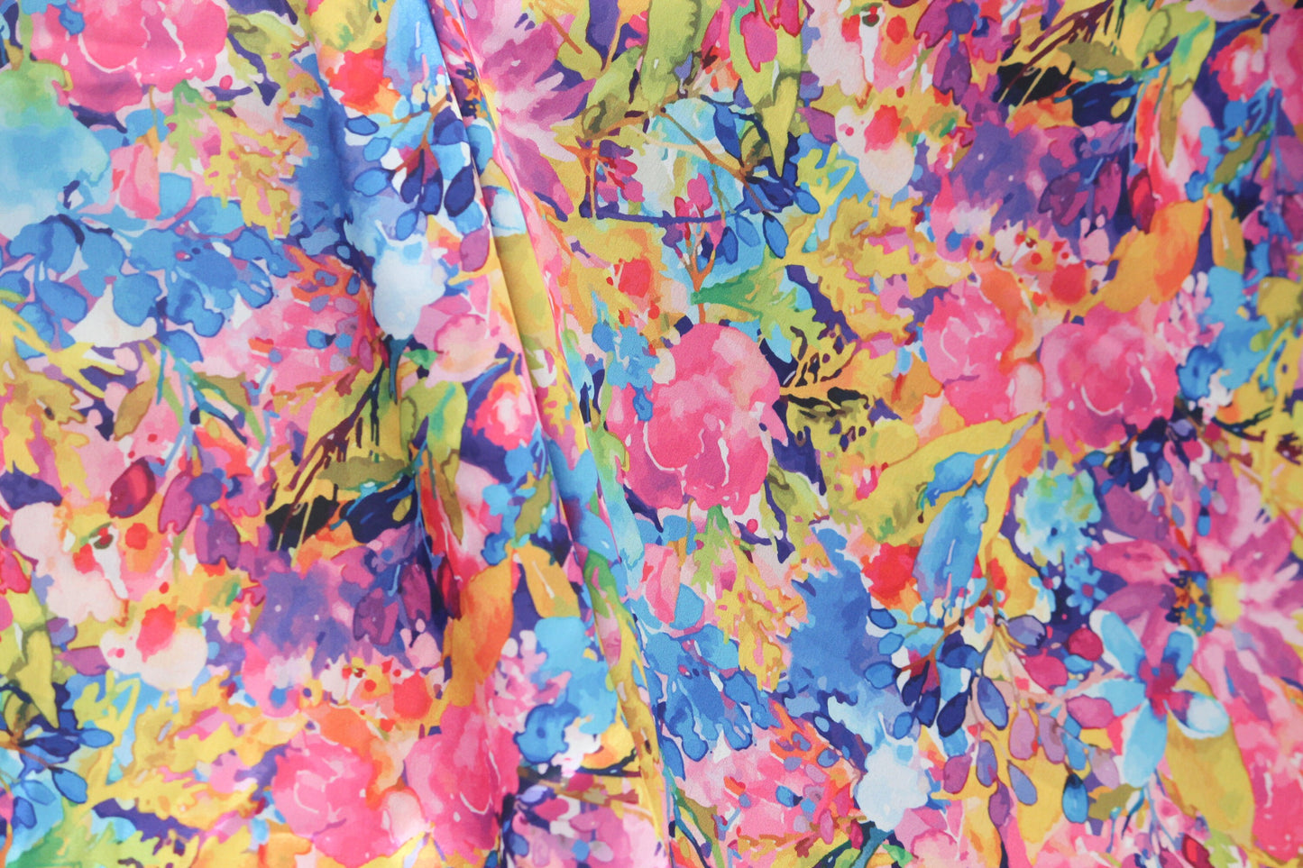 1 yard-colorful floral print fox water color flower print satin charmeuse- bright fuchsia, lime green, pink, blue, orange and purple print