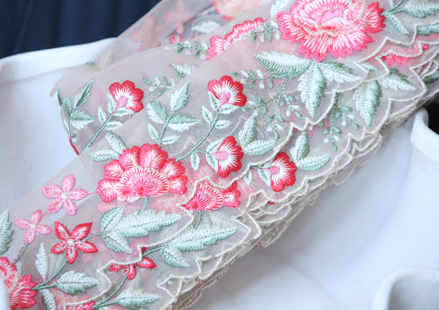 1 yard-Salmon pink floral thread embroidery ribbon on mesh fabric with scallop edge-Salmon pink, and green leaf floral trim