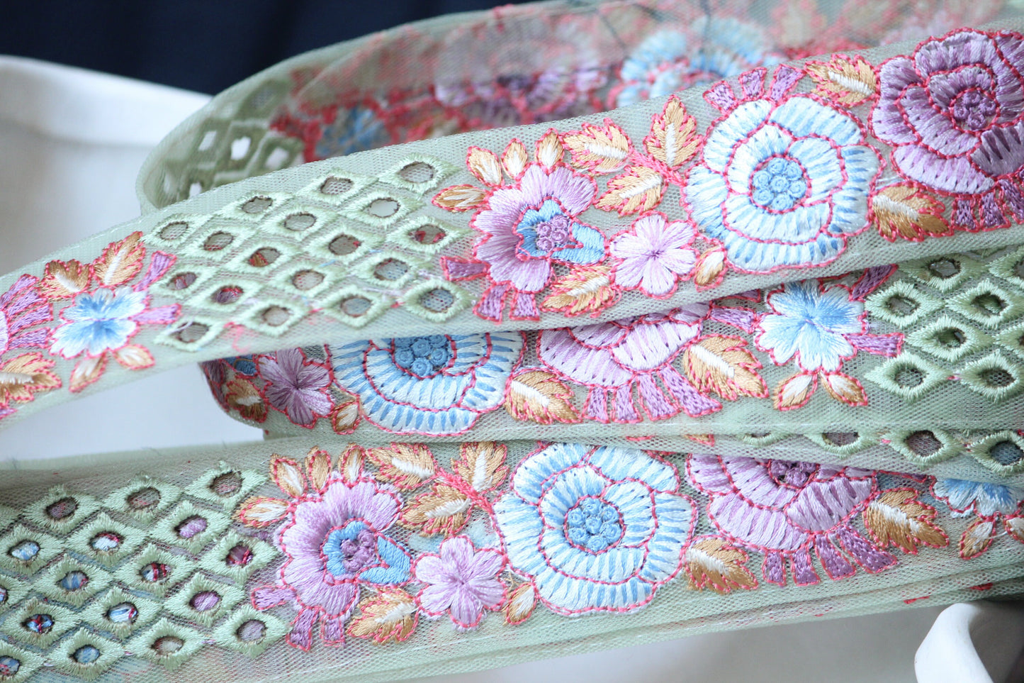 1 yard-Mint green floral thread embroidery ribbon on mesh fabric with scallop edge-sky blue, lavender and yellow orange leaf floral trim