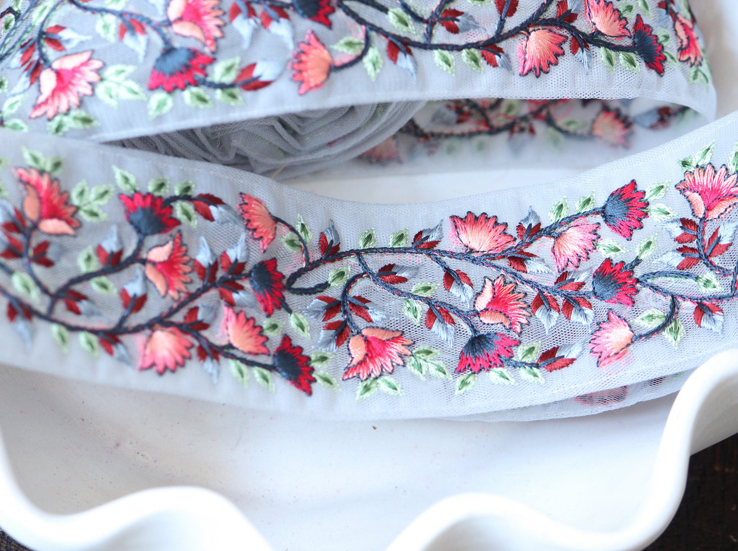 1 yard-Dove grey blue floral thread embroidery ribbon on mesh fabric-extra wide-red, navy light blue and peach with green leaf floral trim