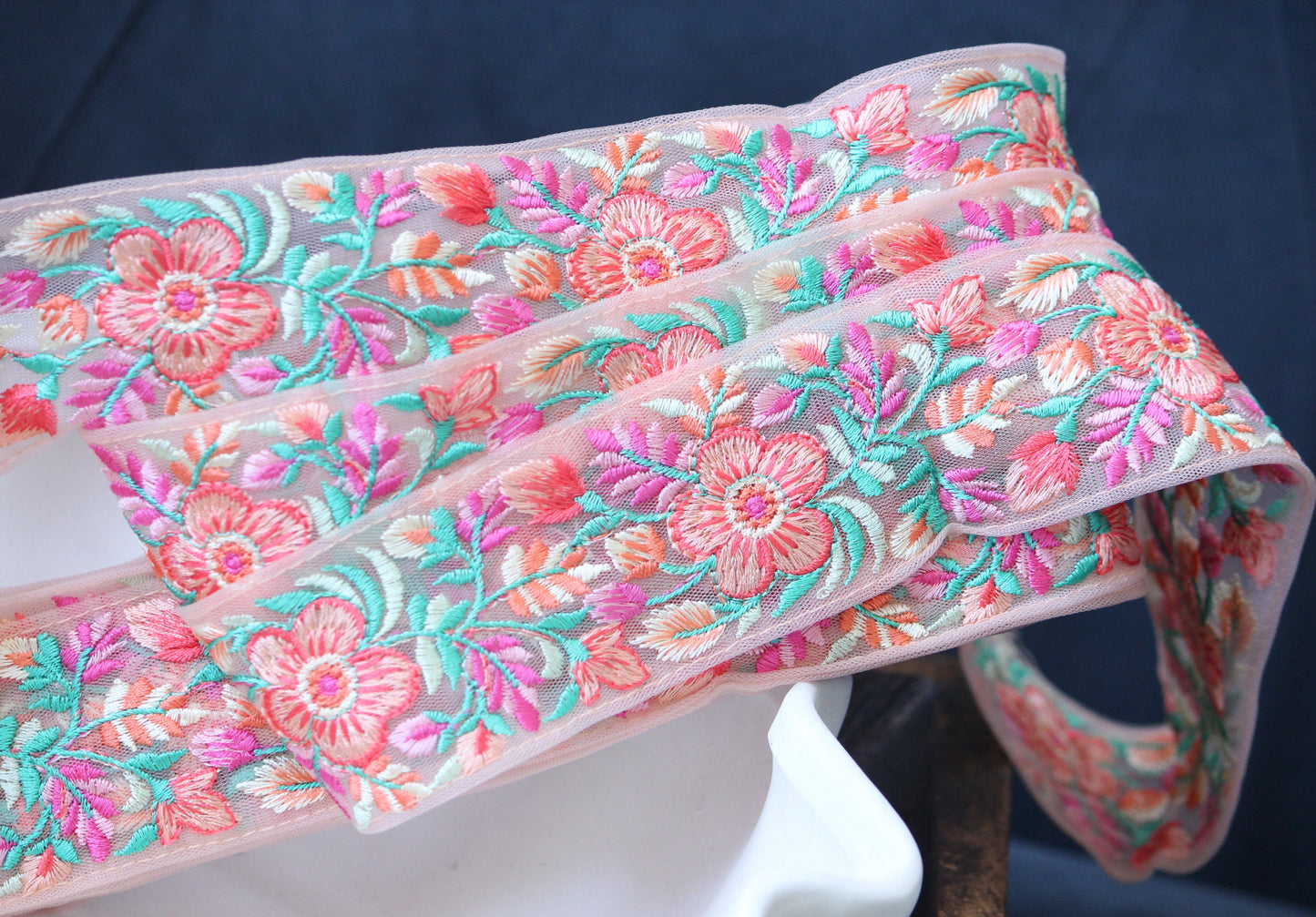 1 yard-Bright floral thread embroidery wide ribbon on peach mesh fabric-rose pink, orange, aqua green and cream thread embroidery-bow ribbon
