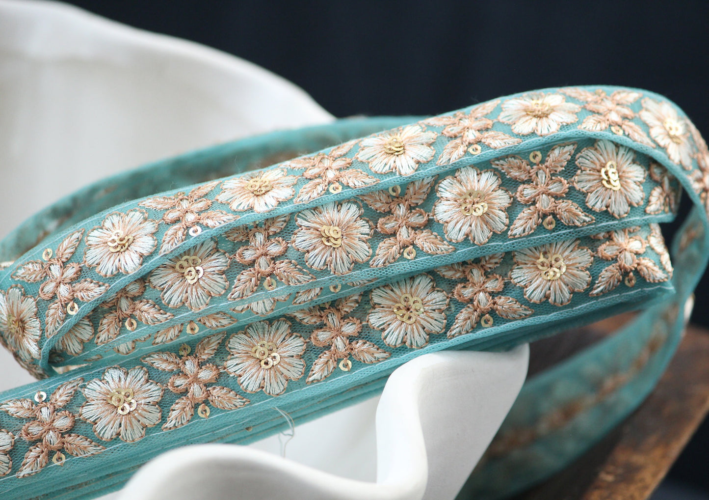 1 yard-Aqua blue floral thread embroidery ribbon on mesh fabric-Ivory beige floral embroidery-sequin highlights floral trim-girls bow trim