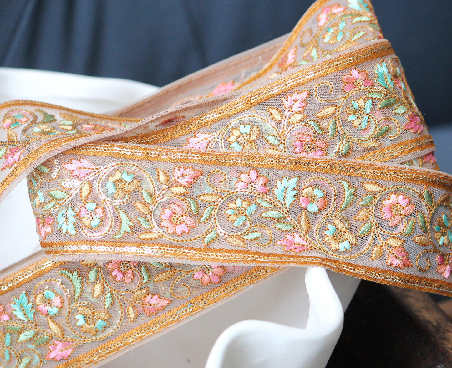 1 yard-Pastel floral thread embroidery ribbon on nude mesh fabric-pink, blue, Ochre yellow and sequin highlights floral trim-girls bow trim