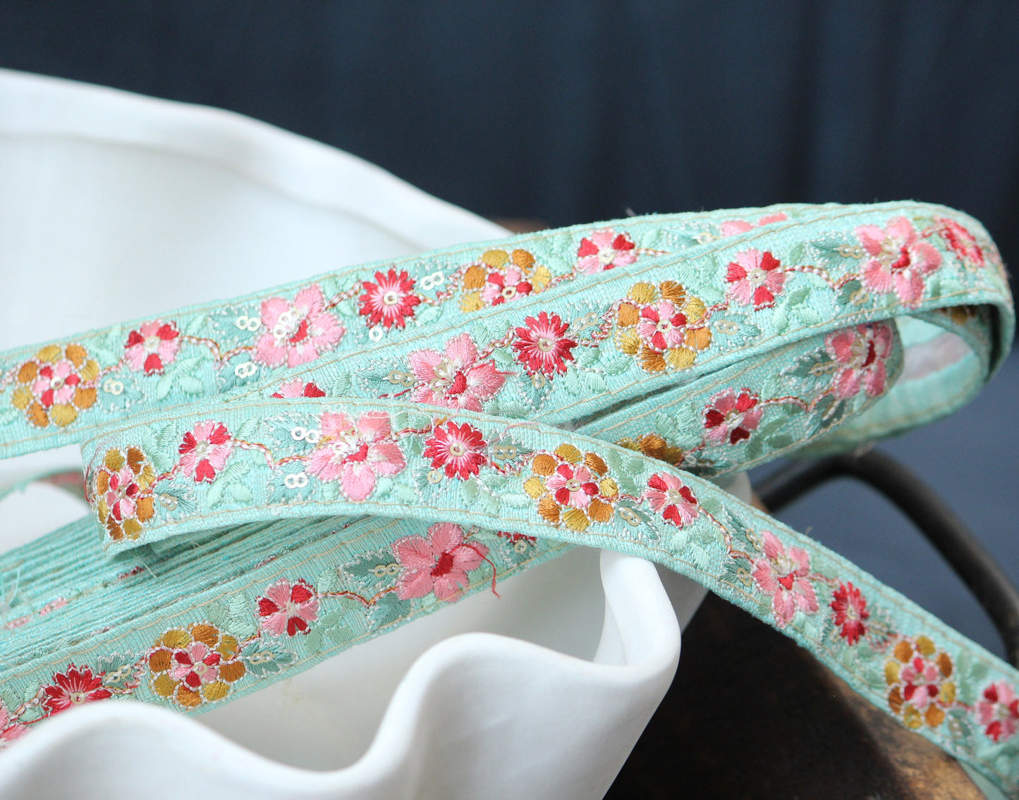 1 yard-Bright floral thread embroidery ribbon on aqua mint fabric-rose pink, red, olive green thread embroidery-bow ribbon-bouquet trim