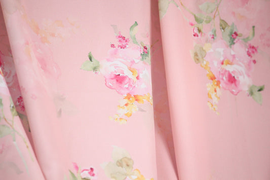 1 yard-peach pink luxurious satin charmeuse fabric by the yard-pastel watercolor look roses printed satin fabric-lingerie fabric-floral
