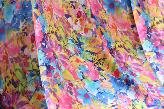 1 yard-colorful floral print fox water color flower print satin charmeuse- bright fuchsia, lime green, pink, blue, orange and purple print
