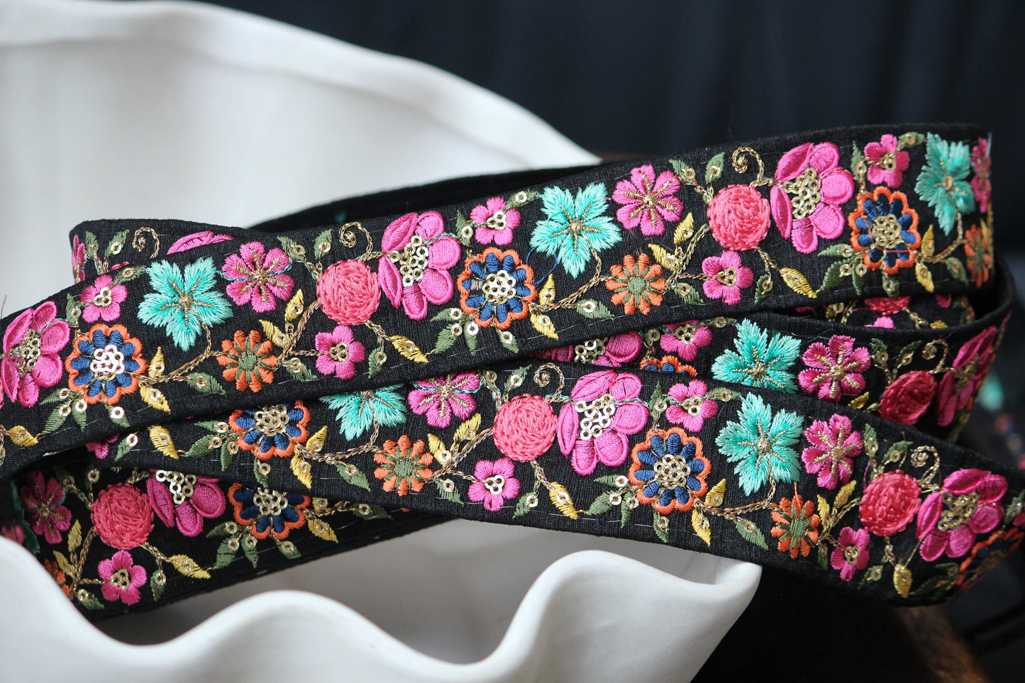 1 yard-Black withPink lavender floral thread embroidery ribbon black fabric-Baby pink, white blue grey, maroon and ochre, green leaf-sequin