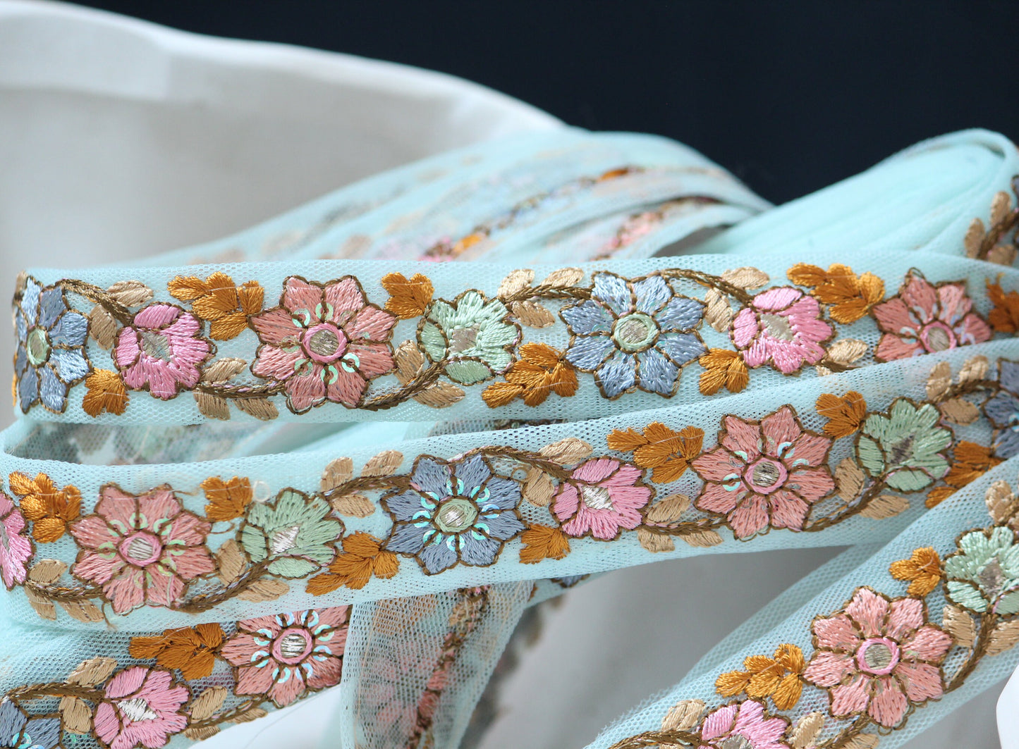 1 yard-Mint pastel floral thread embroidery ribbon/mesh fabric-baby pink, peach, aqua blue, brown cream-ribbons for bow-wedding bouquet