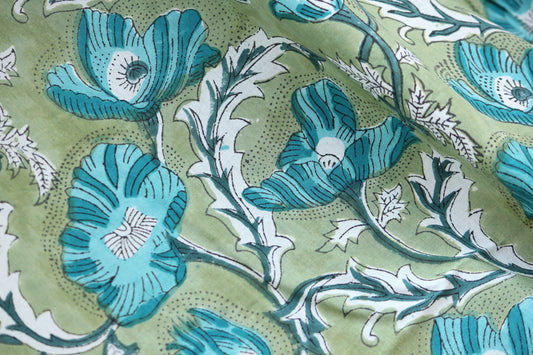 1 yard-green big floral motif hand printed cotton fabric-blue large flower print with green background-girls dress fabric/quilting/decor