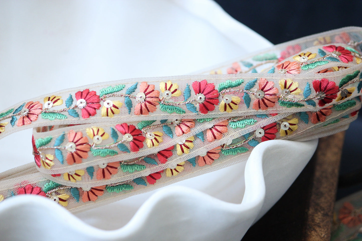 1 yard-Red and peach pink floral thread embroidery ribbon on mesh fabric-peach pink, red, yellow aqua blue, green-sequin highlights