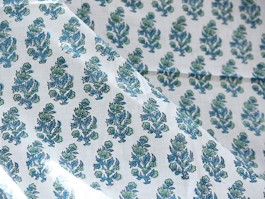 1 yard-Blue green floral motif hand printed cotton fabric-blue green flower bouquet with white background-girls dress fabric/quilting/decor
