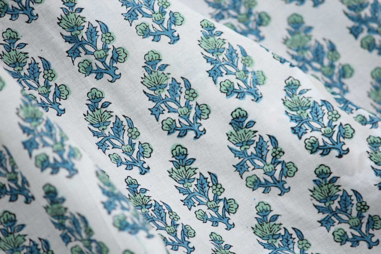 1 yard-Blue green floral motif hand printed cotton fabric-blue green flower bouquet with white background-girls dress fabric/quilting/decor