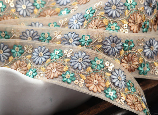 1 yard-Blue brown daisy flower thread embroidery mesh nude ribbon-berry blue, brown, yellow and aqua green-sequin highlights, bow ribbon