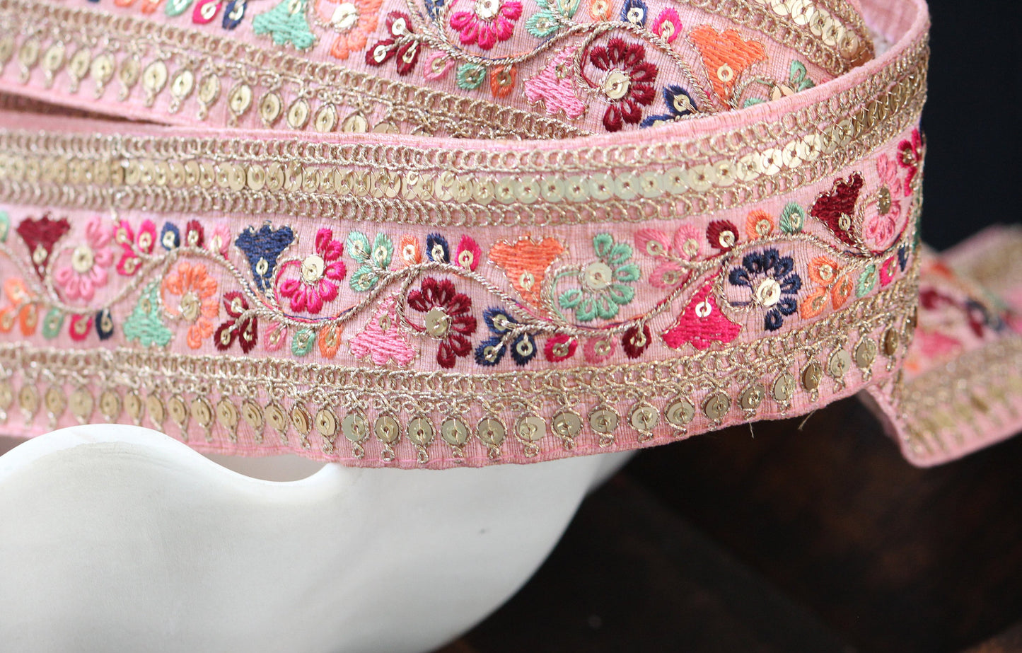 1 yard-Baby pink floral thread embroidery ribbon on pink dupioni fabric/bow making ribbon/bag handle trim/Indian colorful trim