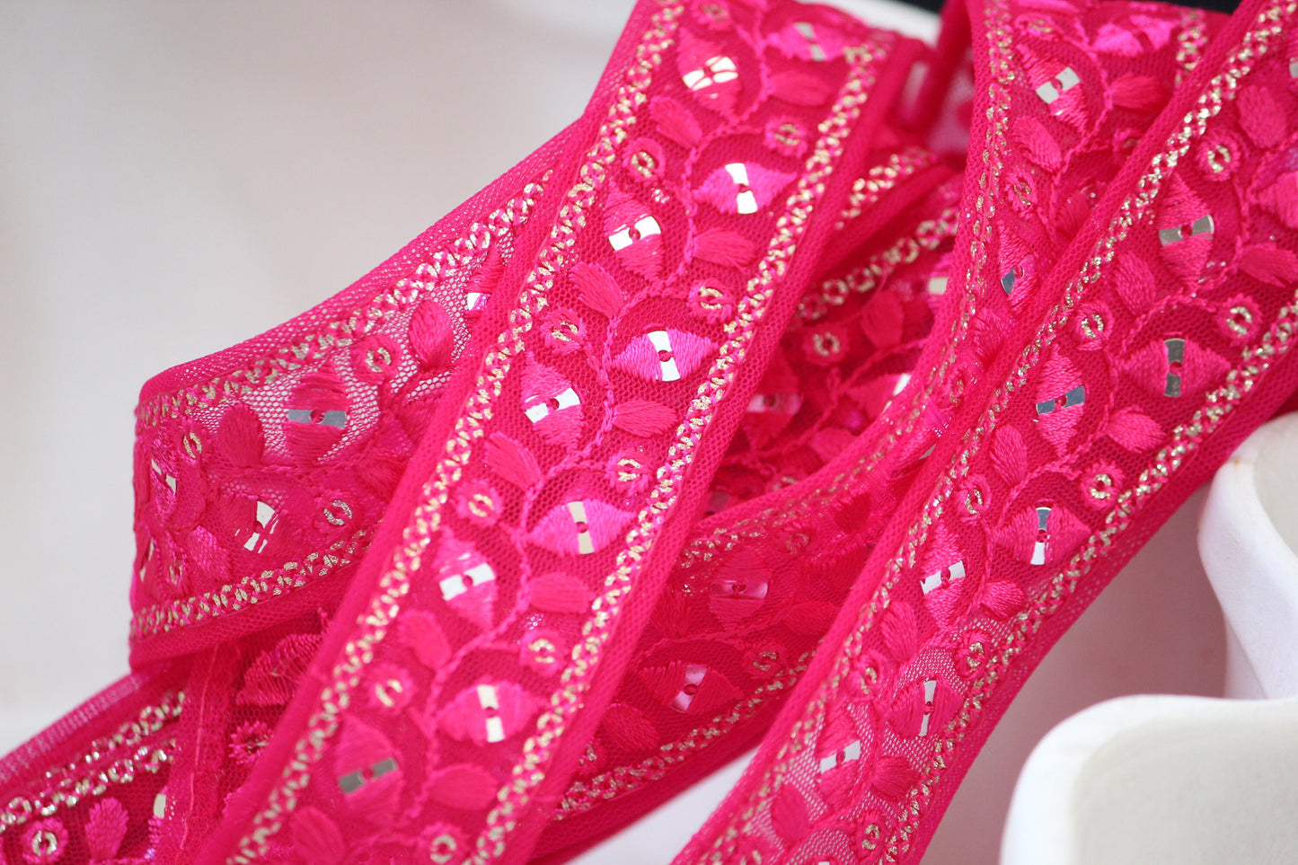 1 yard-Shocking fuchsia pink yellow floral thread embroidery ribbon fuchsia mesh/ mirror/bow making ribbon/bag handle trim/Indian colorful