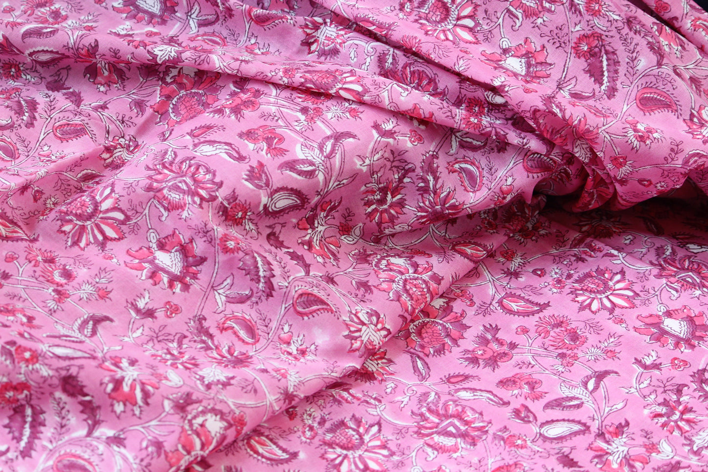 1 yard-Sugar candy pink floral motif hand printed cotton fabric-maroon red flower motif-girls dress fabric/quilting/decor/women's dress