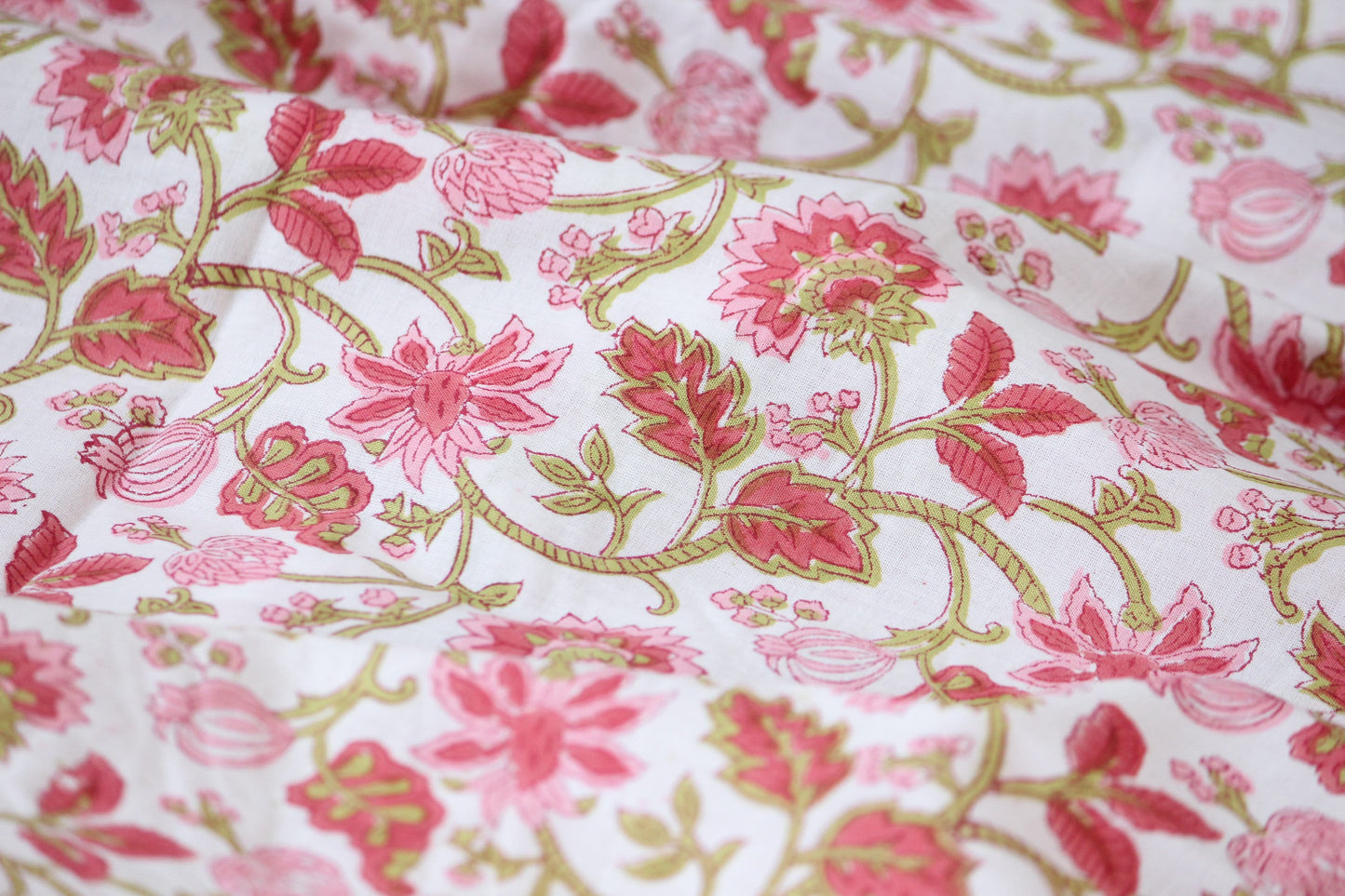 1 yard-Red and pink floral motif hand printed cotton fabric on white background-girls dress fabric/quilting/decor/women's dress
