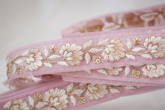 1 yard-Lavender pink and ivory floral thread embroidery ribbon/ lavender mesh fabric/bow making ribbon/bag handle trim/Indian colorful trim