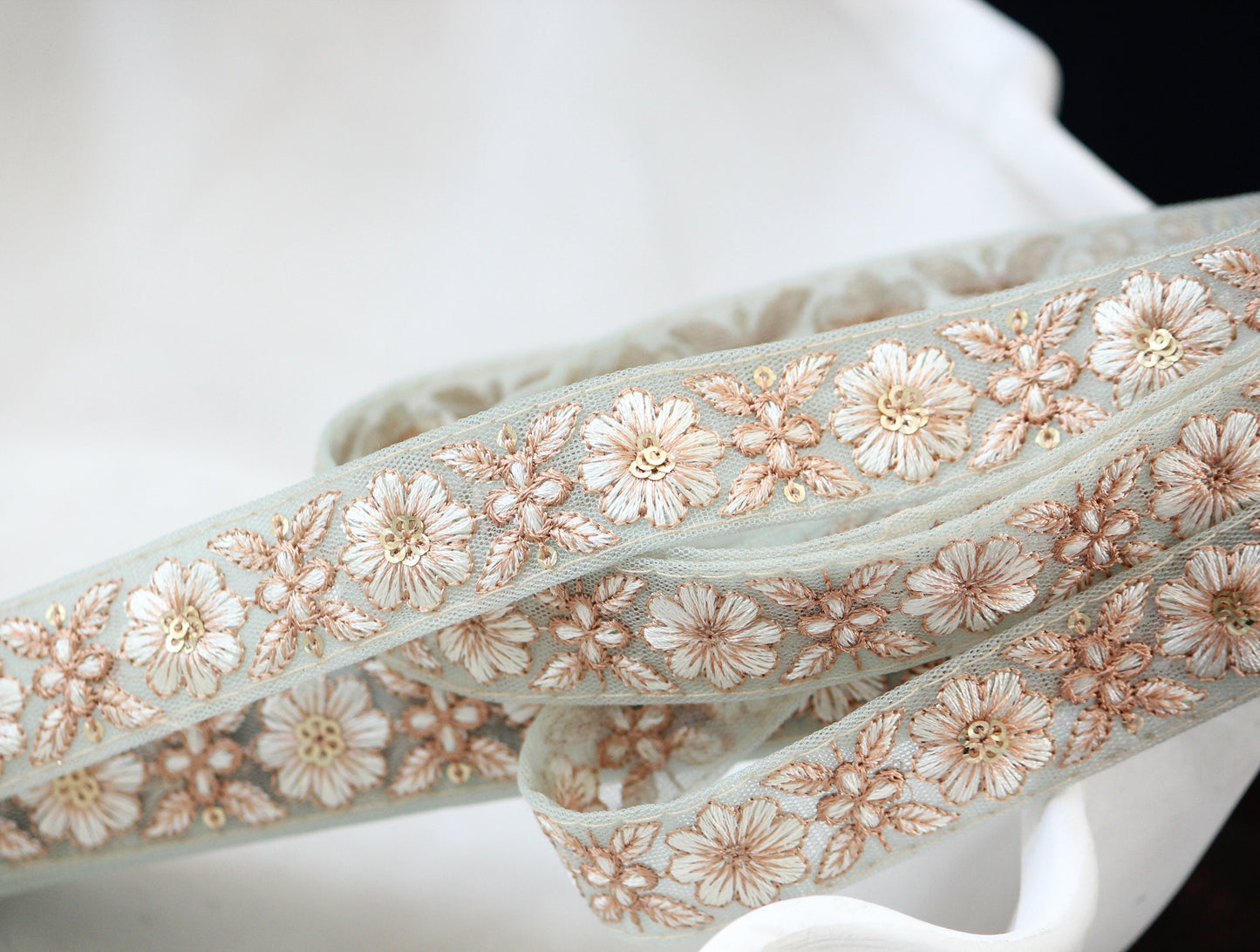 1 yard-Pastel mint and ivory floral thread embroidery ribbon/ mint mesh fabric/bow making ribbon/bag handle trim/Indian colorful trim