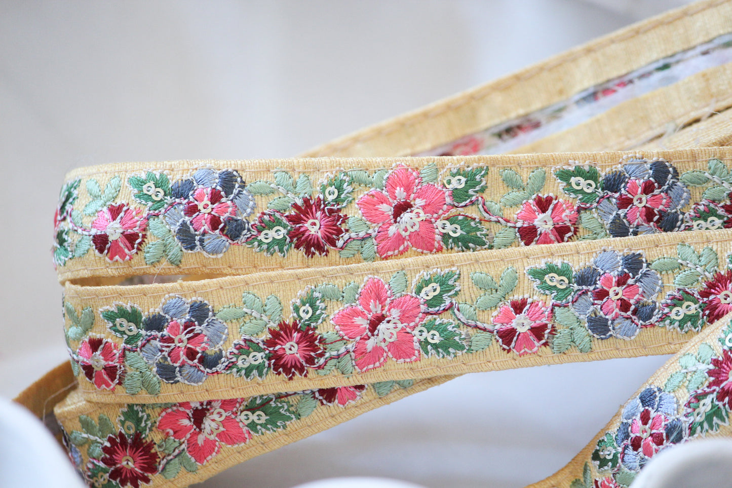 1 yard-Mango yellow and red floral thread embroidery ribbon/sequin/ pink grey/yellow fabric/bow making ribbon/bag trim/Indian colorful trim