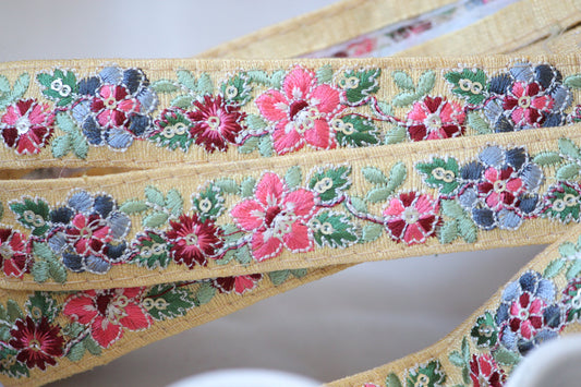 1 yard-Mango yellow and red floral thread embroidery ribbon/sequin/ pink grey/yellow fabric/bow making ribbon/bag trim/Indian colorful trim