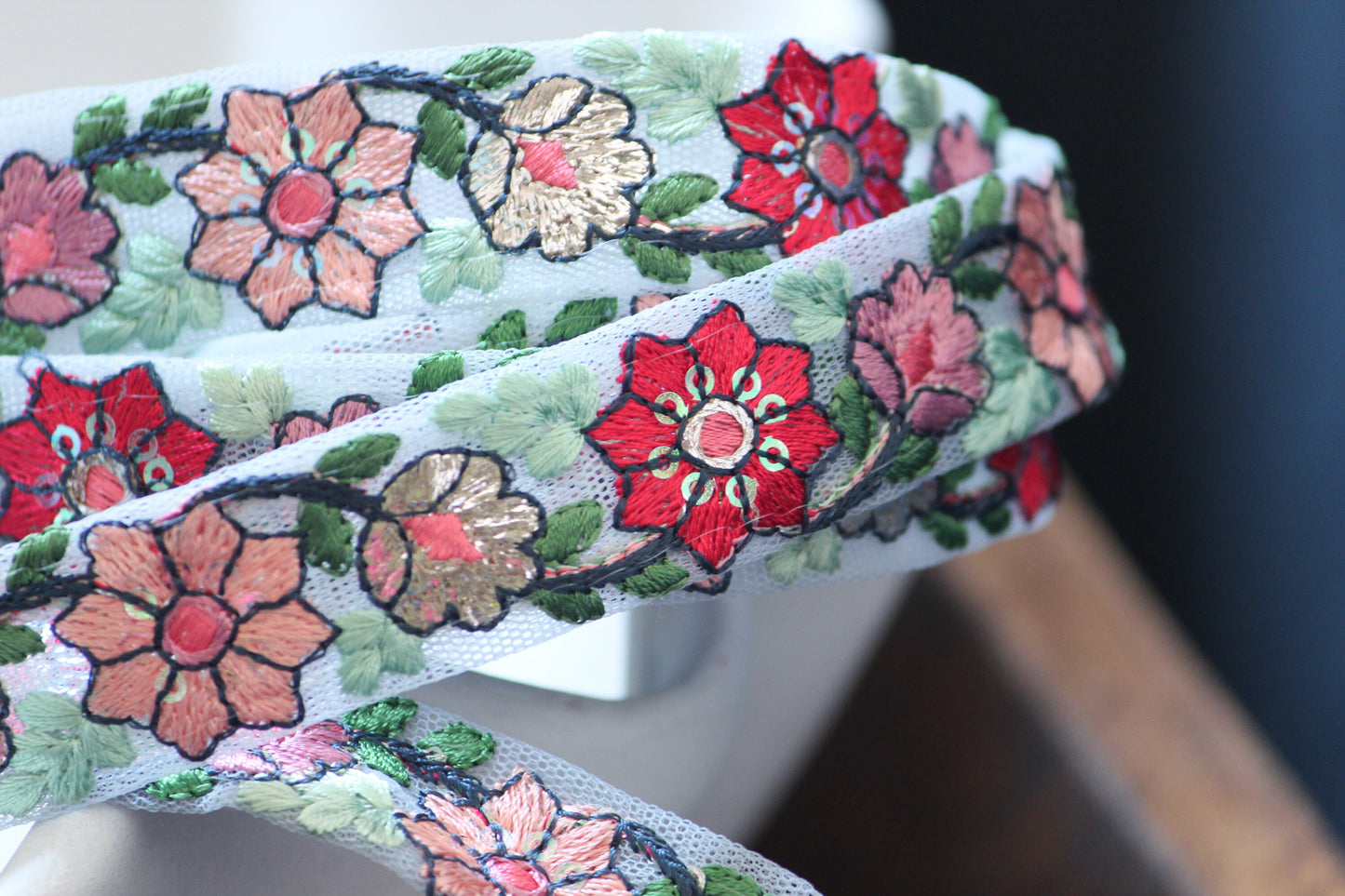 1 yard-Red pink and peach floral thread embroidery ribbon/sequin/ grey blue mesh fabric/bow making ribbon/bag trim/Indian colorful trim