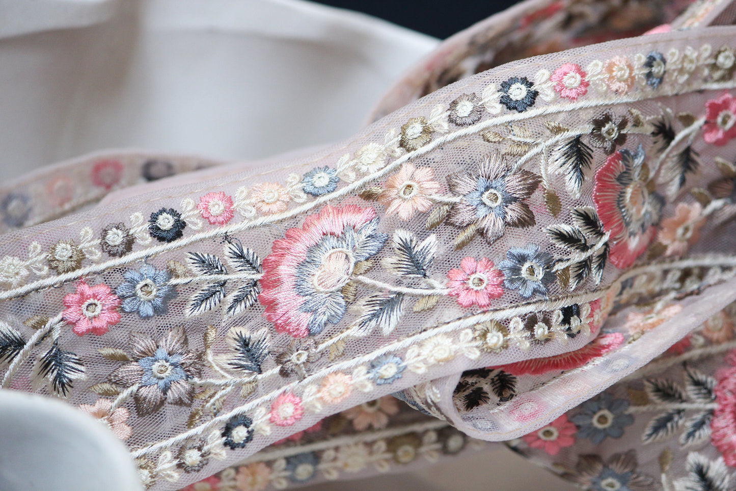 1 yard-Pastel floral thread embroidery extra wide ribbon on baby pink mesh fabric-blush pink, grey, peach and blue thread embroidery