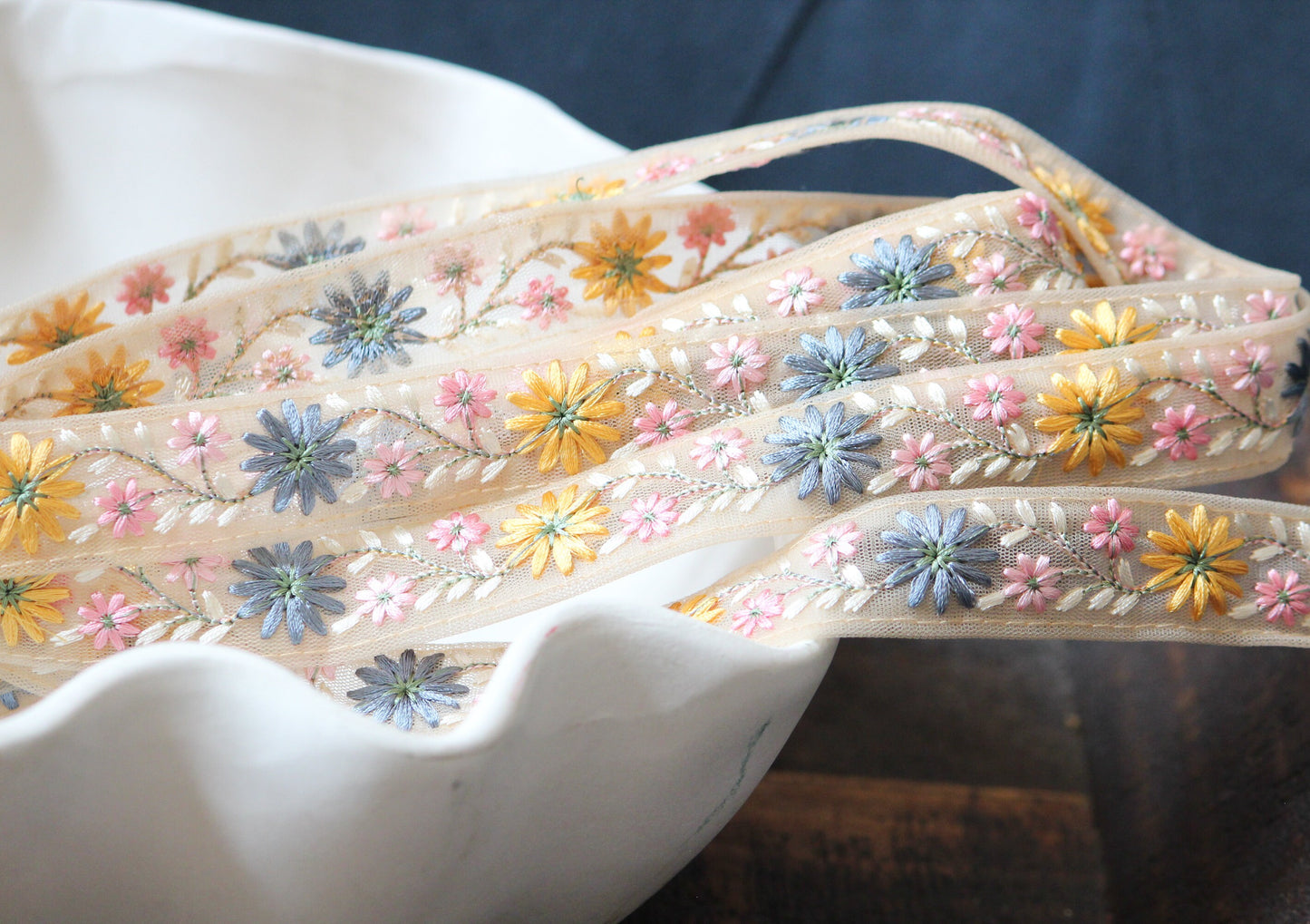 1 yard-pastel delicate floral thread embroidery ribbon/blue yellow/ beige mesh fabric/bow making ribbon/bag handle trim/Indian colorful trim