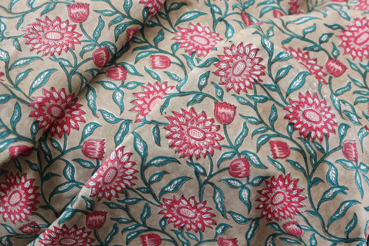 1 yard-Sunflower tropical red with beige hand block printed cotton fabric-tote bag fabric/girls dress fabric/quilting/decor/women's dress