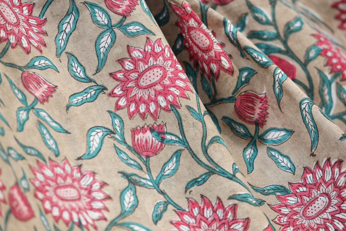 1 yard-Sunflower tropical red with beige hand block printed cotton fabric-tote bag fabric/girls dress fabric/quilting/decor/women's dress