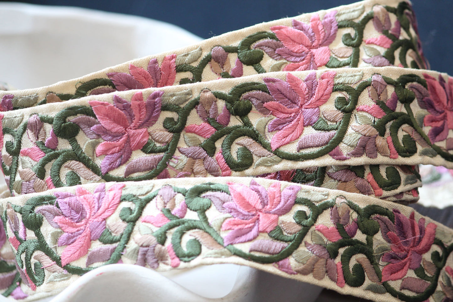 1 yard-Lotus pink floral thread embroidery ribbon on mesh fabric with scallop edge-Baby pink and yellow floral trim with sequin highlights