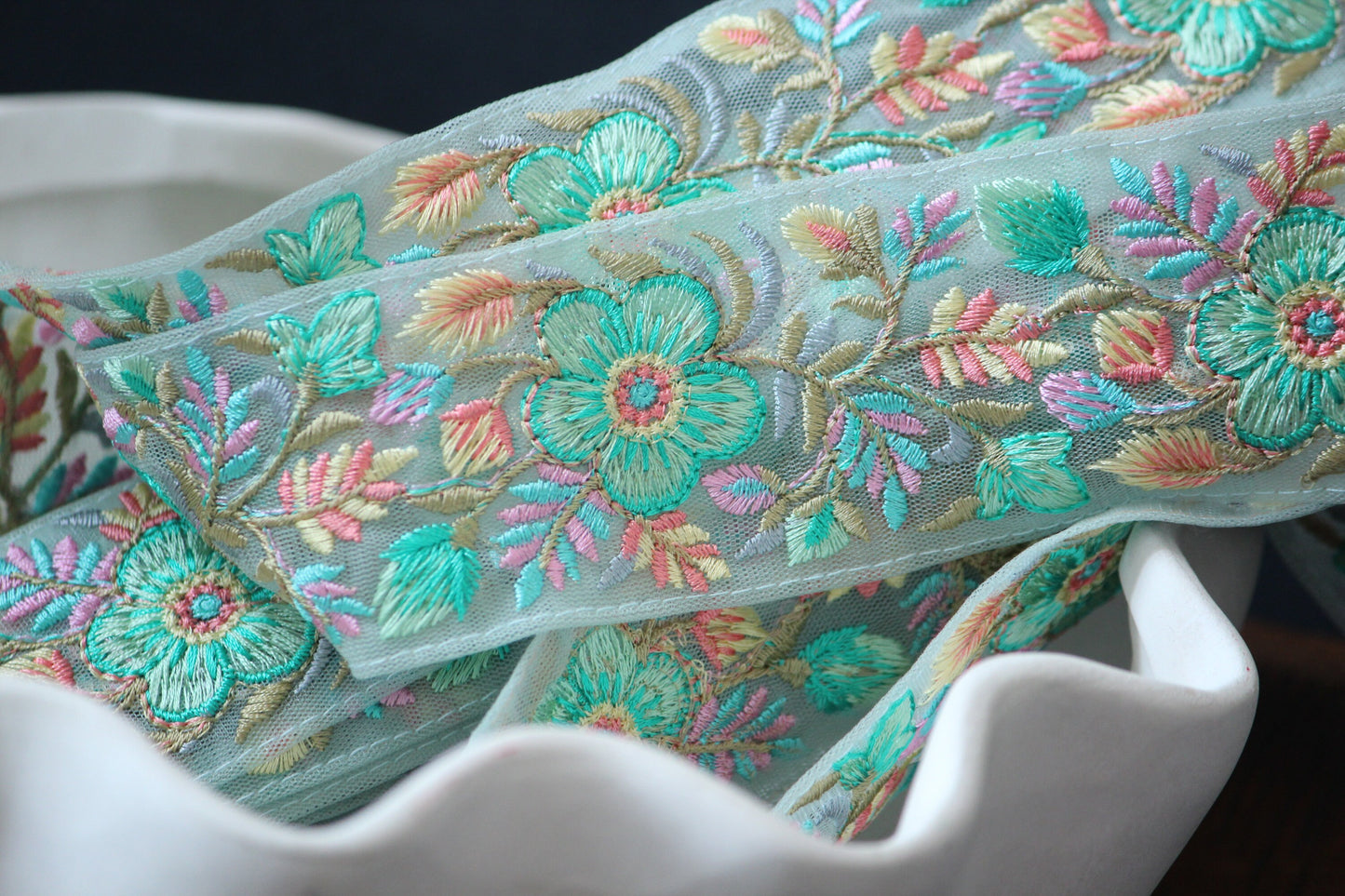 1 yard-Bright minty floral thread embroidery ribbon on mesh fabric with scallop edge-Baby pink and yellow floral trim with sequin highlights