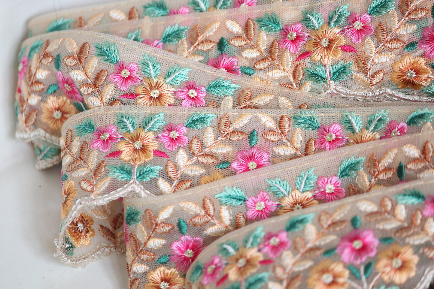 1 yard-Rose pink, great yellow floral thread embroidery ribbon on mesh fabric-dark rose, yellow with green leaf-sequin highlights