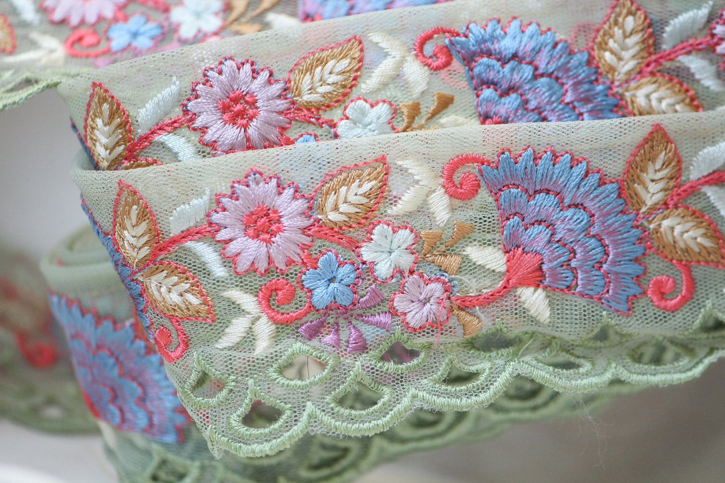 1 yard-Mint green floral thread embroidery ribbon on mesh fabric with scallop edge-Baby pink and yellow floral trim with sequin highlights