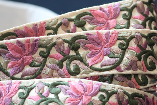 1 yard-Lotus pink floral thread embroidery ribbon on mesh fabric with scallop edge-Baby pink and yellow floral trim with sequin highlights