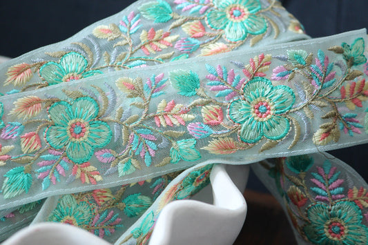 1 yard-Bright minty floral thread embroidery ribbon on mesh fabric with scallop edge-Baby pink and yellow floral trim with sequin highlights