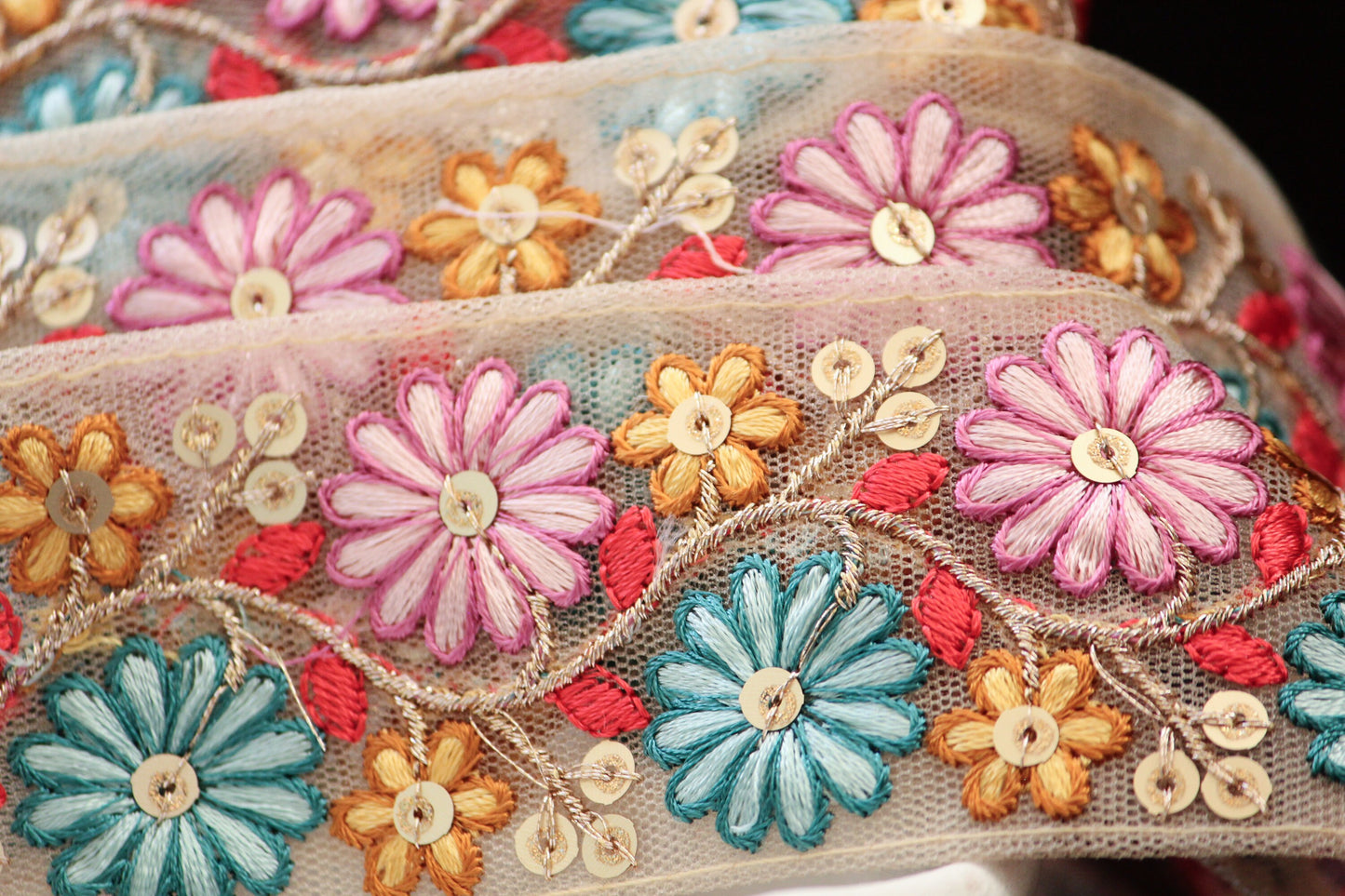 1 yard-Blue pink daisy flower thread embroidery mesh nude ribbon-rose pink, aqua blue, yellow, red-sequin highlights, decorative ribbon
