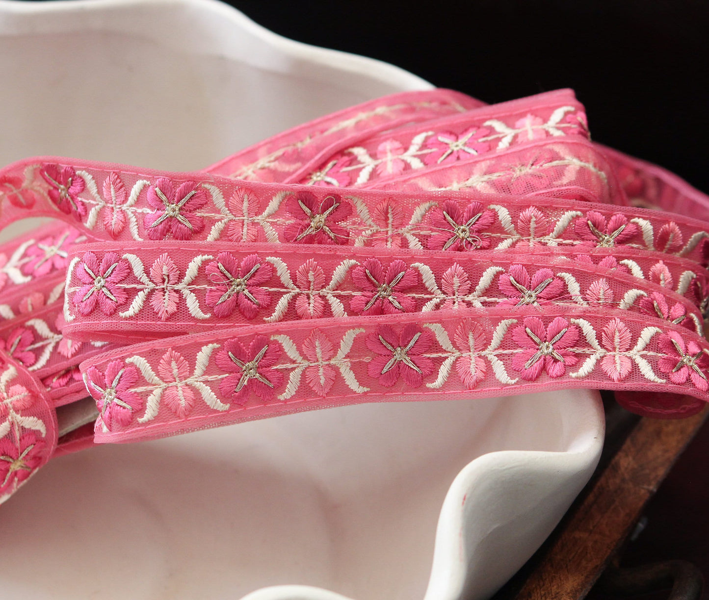 1 yard-berry pink floral thread embroidery ribbon on mesh fabric with scallop edge-Baby pink and yellow floral trim with sequin highlights