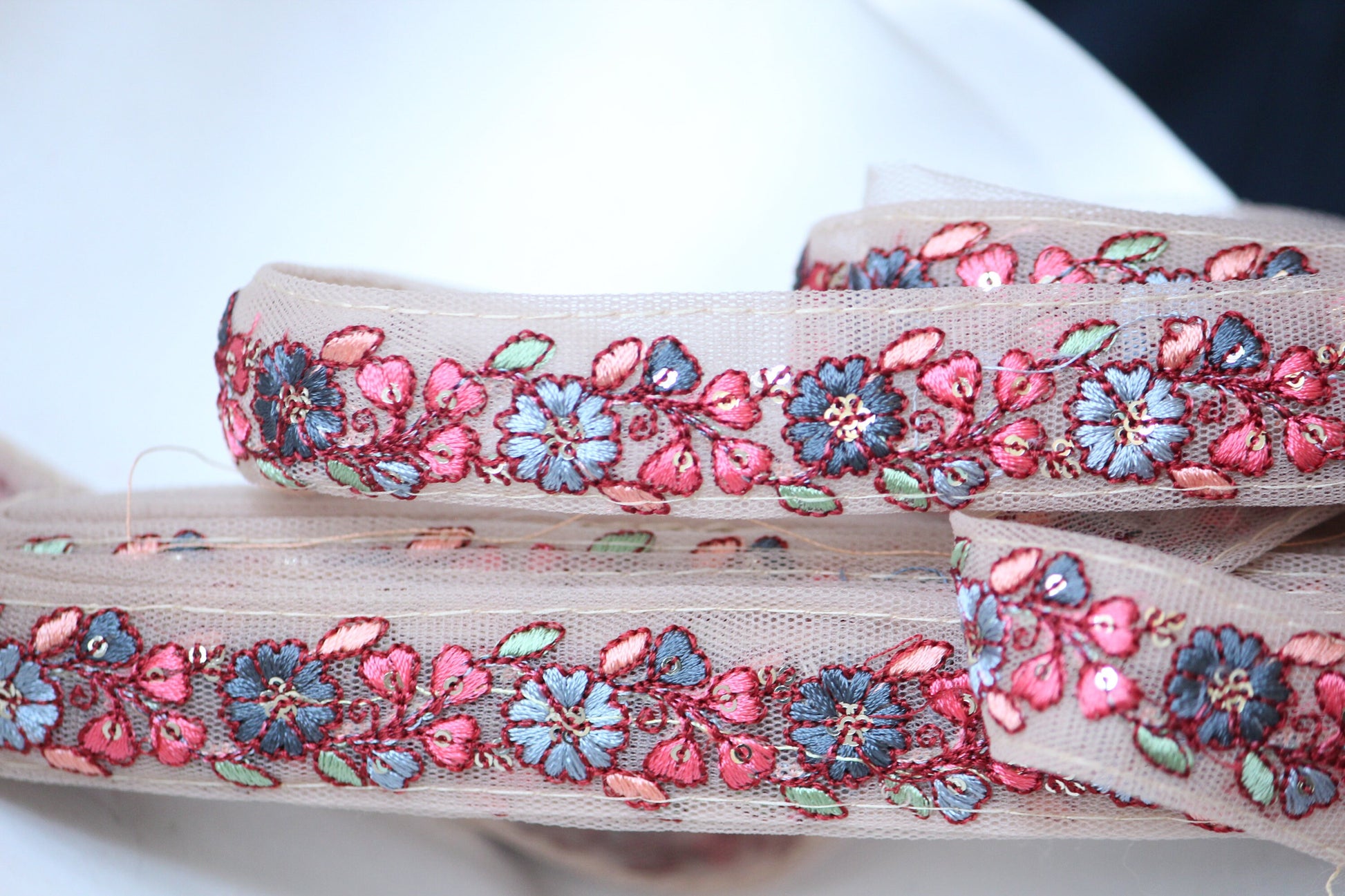 1 yard-Blue grey, blue and rose pink floral thread embroidery ribbon on nude mesh fabric-bow making ribbon/bag handle trim/indian colorful