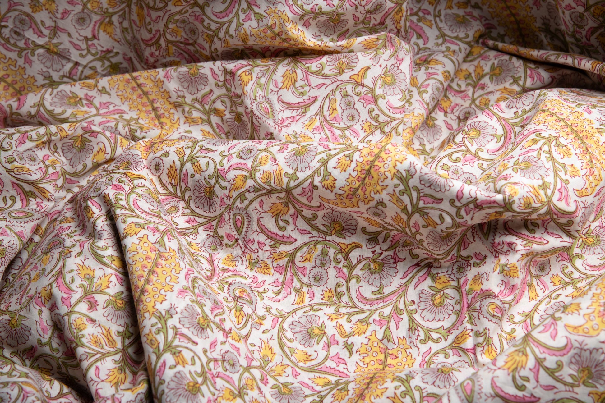 1 yard-Yellow pink floral green vine hand block printed cotton fabric-tote bag fabric/girls dress fabric/quilting/decor/women's dress