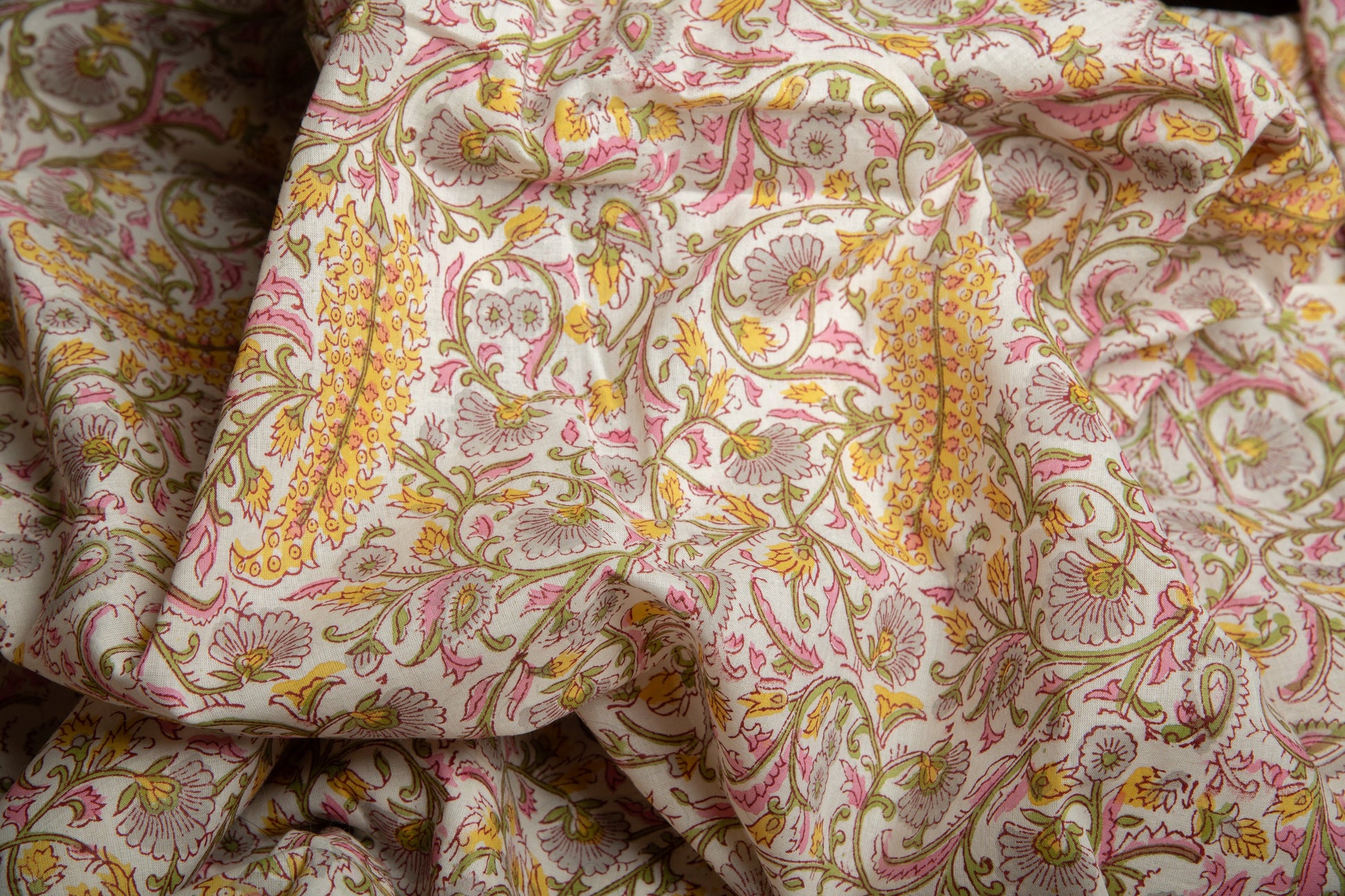 1 yard-Yellow pink floral green vine hand block printed cotton fabric-tote bag fabric/girls dress fabric/quilting/decor/women's dress