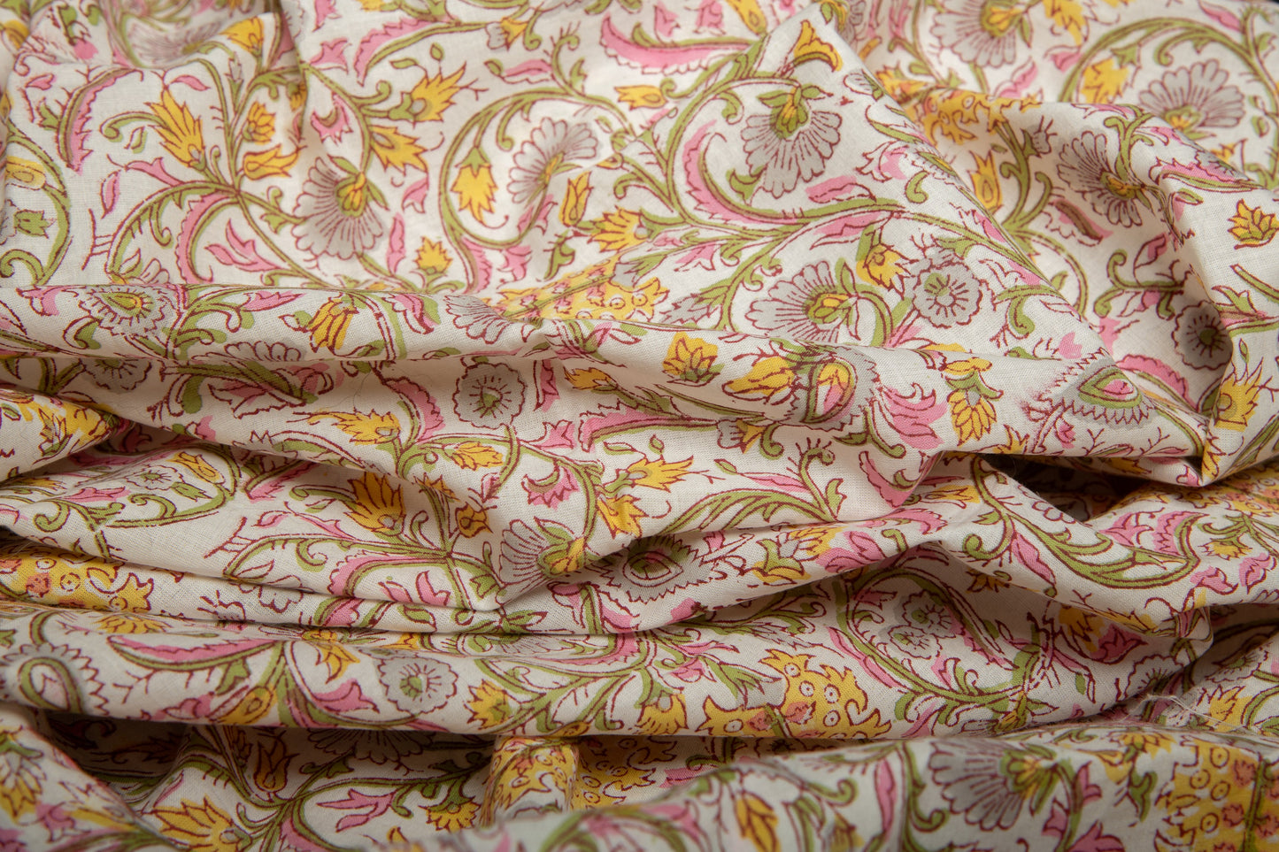 1 yard-Yellow pink floral green vine hand block printed cotton fabric-tote bag fabric/girls dress fabric/quilting/decor/women's dress