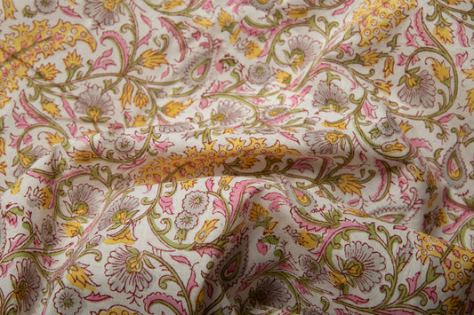 1 yard-Yellow pink floral green vine hand block printed cotton fabric-tote bag fabric/girls dress fabric/quilting/decor/women's dress