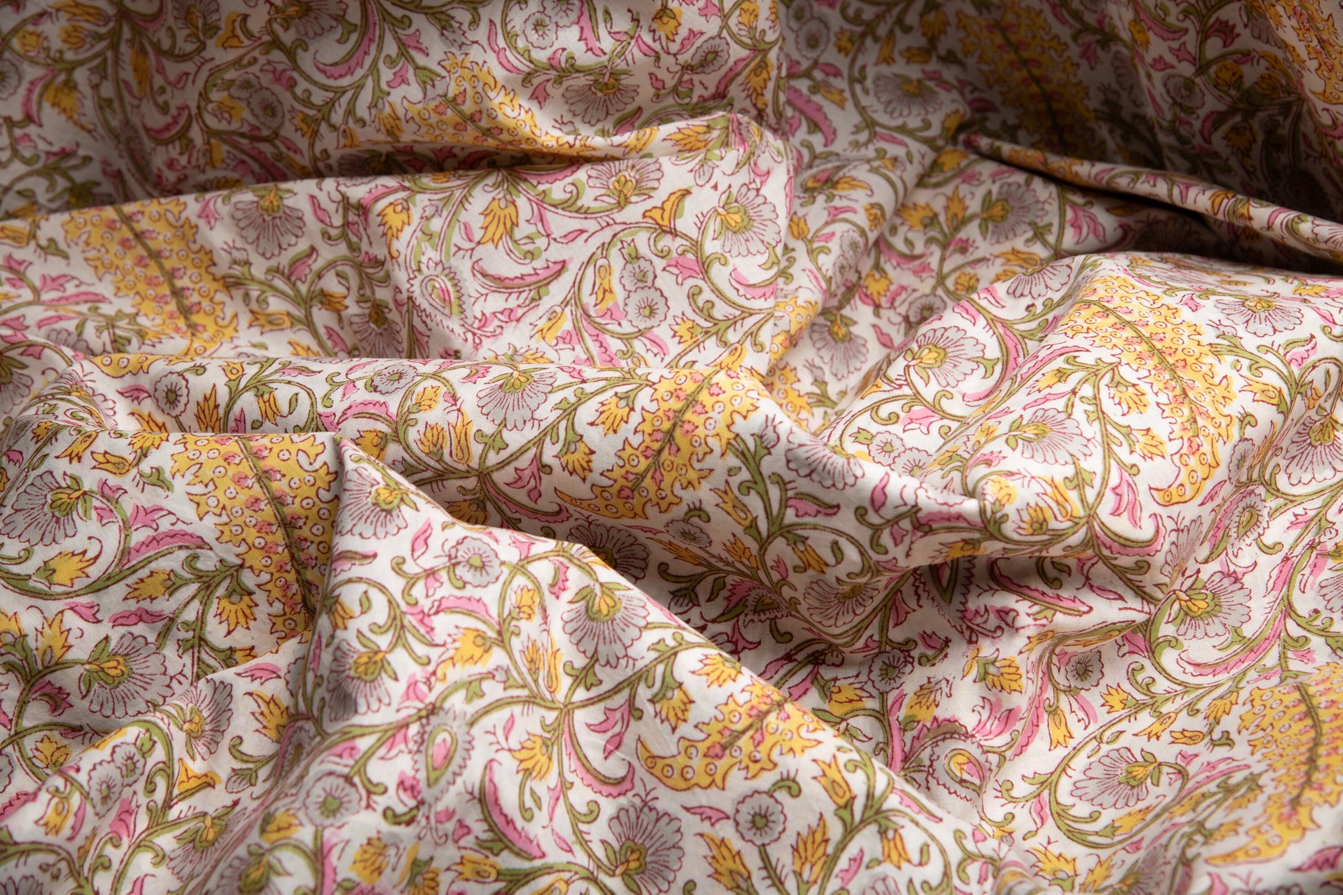 1 yard-Yellow pink floral green vine hand block printed cotton fabric-tote bag fabric/girls dress fabric/quilting/decor/women's dress