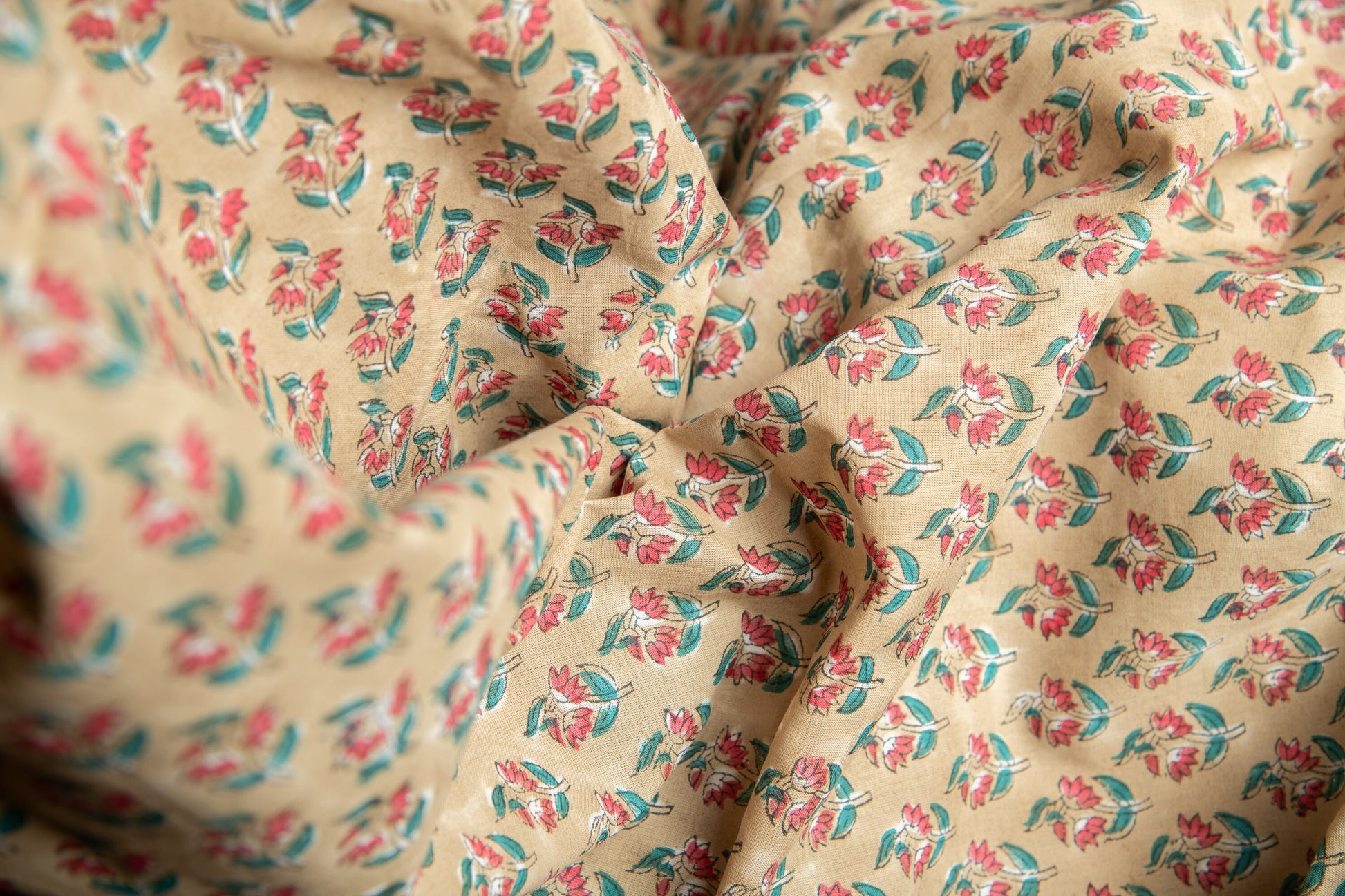 1 yard-Ditsy pink red floral teal leaf hand block printed cotton fabric-tote bag fabric/girls dress fabric/quilting/decor/women's dress