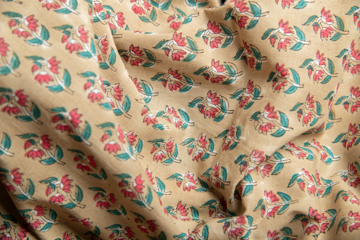 1 yard-Ditsy pink red floral teal leaf hand block printed cotton fabric-tote bag fabric/girls dress fabric/quilting/decor/women's dress