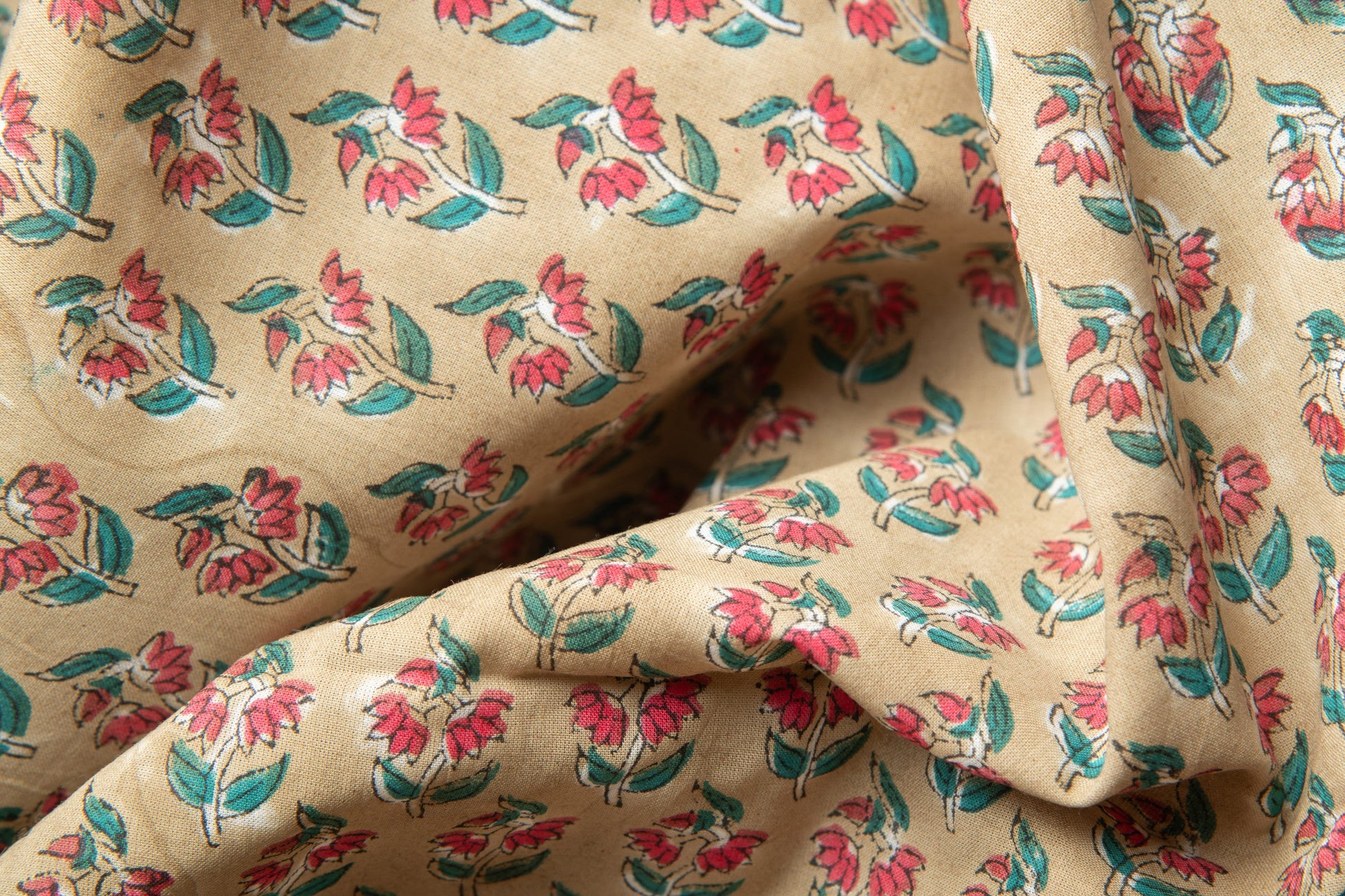 1 yard-Ditsy pink red floral teal leaf hand block printed cotton fabric-tote bag fabric/girls dress fabric/quilting/decor/women's dress