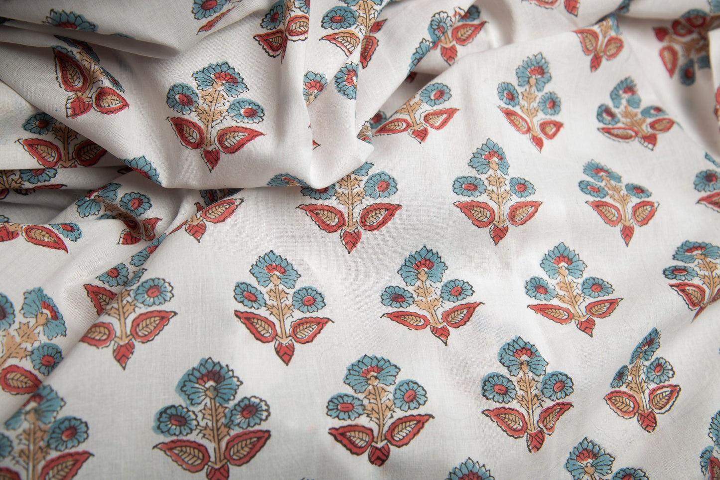 1 yard-Teal and red floral motif hand block printed cotton fabric-tote bag fabric/girls dress fabric/quilting/decor/women's dress